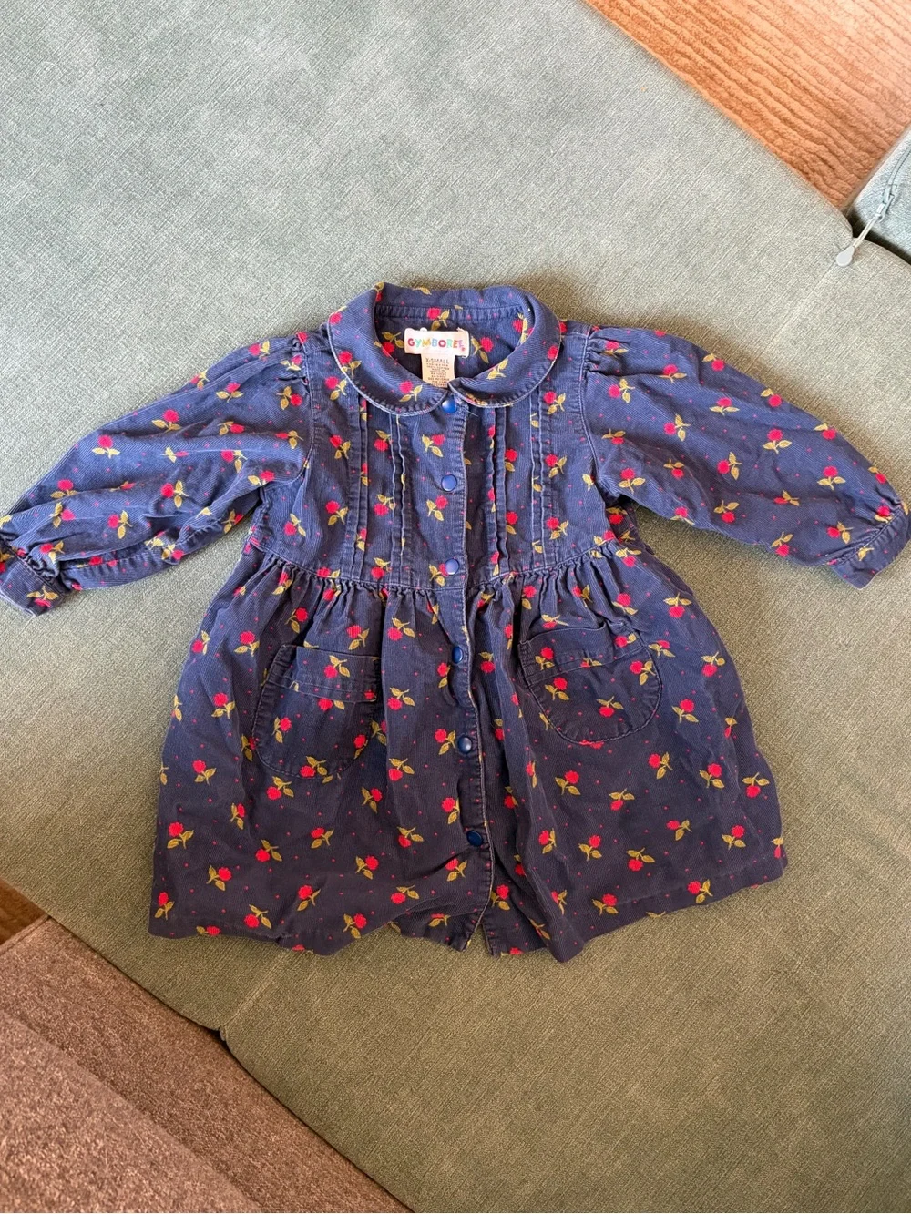 Vintage 90s Gymboree Navy Corduroy Floral Dress - Authentic Rainbow Tag